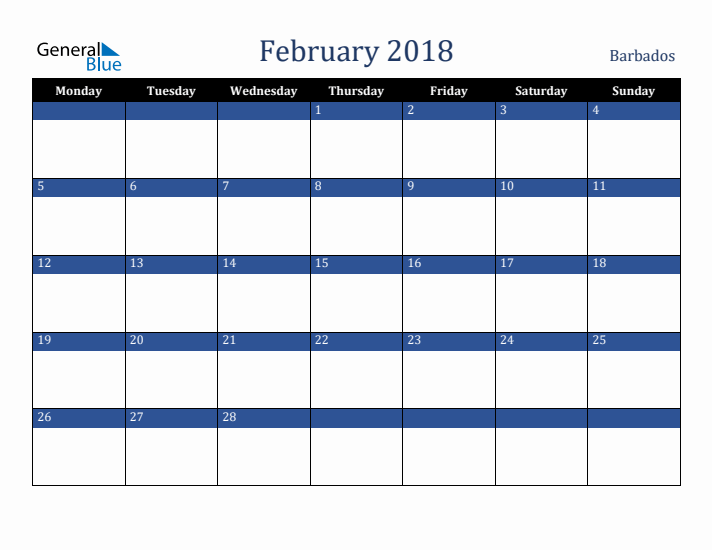 February 2018 Barbados Calendar (Monday Start)
