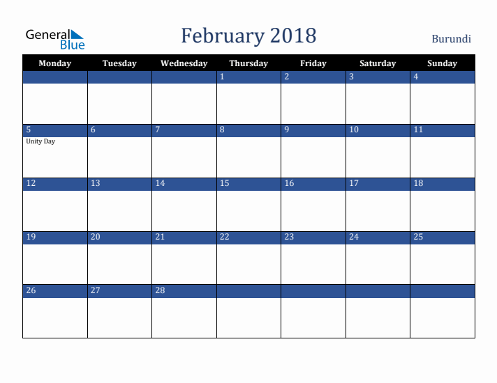 February 2018 Burundi Calendar (Monday Start)