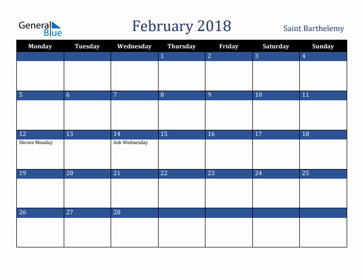 February 2018 Saint Barthelemy Calendar (Monday Start)