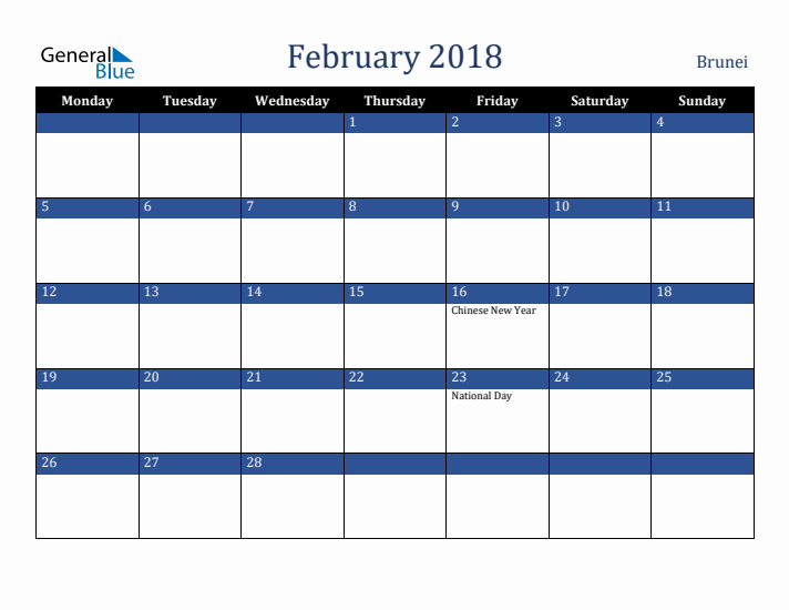 February 2018 Brunei Calendar (Monday Start)