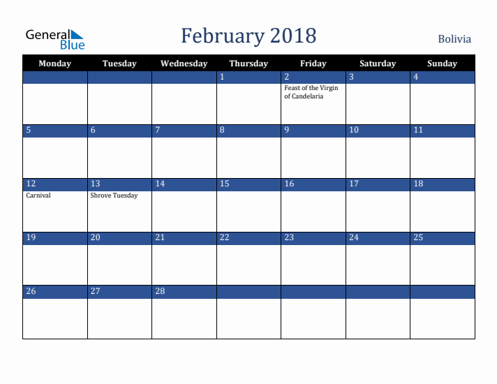 February 2018 Bolivia Calendar (Monday Start)