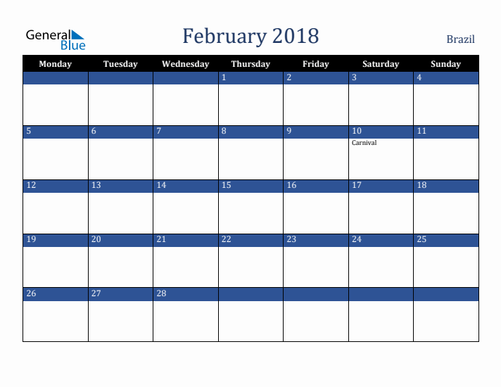 February 2018 Brazil Calendar (Monday Start)