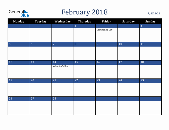 February 2018 Canada Calendar (Monday Start)