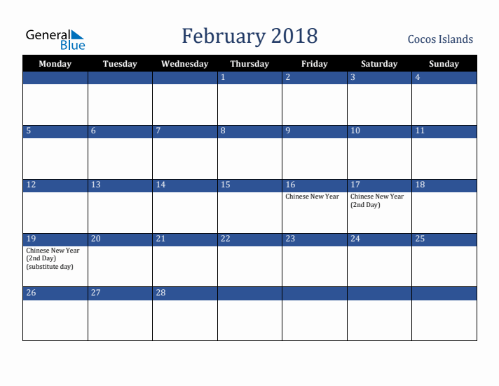 February 2018 Cocos Islands Calendar (Monday Start)