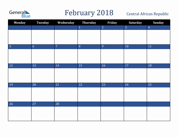 February 2018 Central African Republic Calendar (Monday Start)