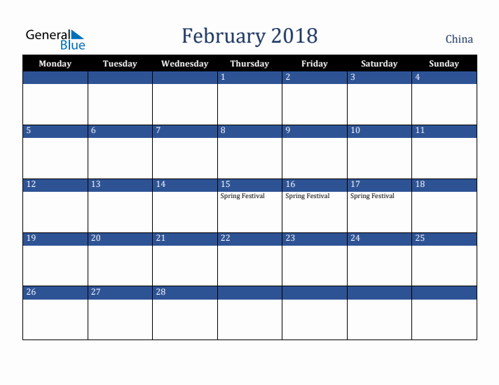 February 2018 China Calendar (Monday Start)
