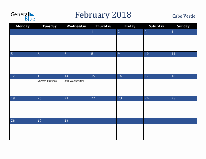 February 2018 Cabo Verde Calendar (Monday Start)