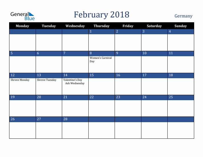 February 2018 Germany Calendar (Monday Start)