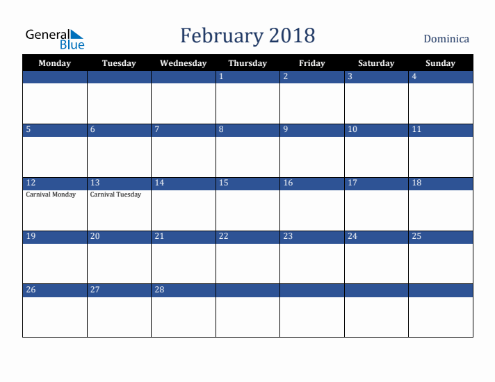 February 2018 Dominica Calendar (Monday Start)