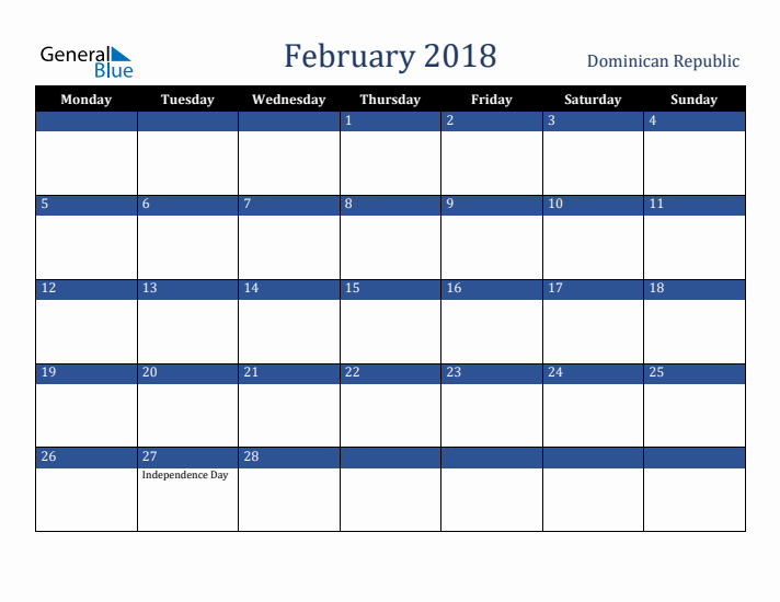 February 2018 Dominican Republic Calendar (Monday Start)