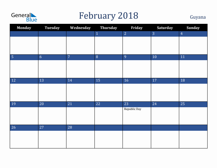 February 2018 Guyana Calendar (Monday Start)