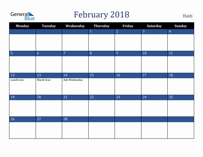 February 2018 Haiti Calendar (Monday Start)