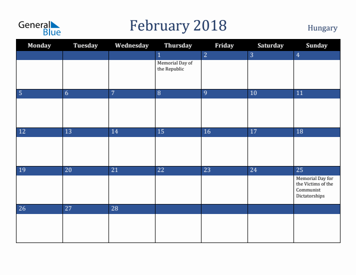 February 2018 Hungary Calendar (Monday Start)
