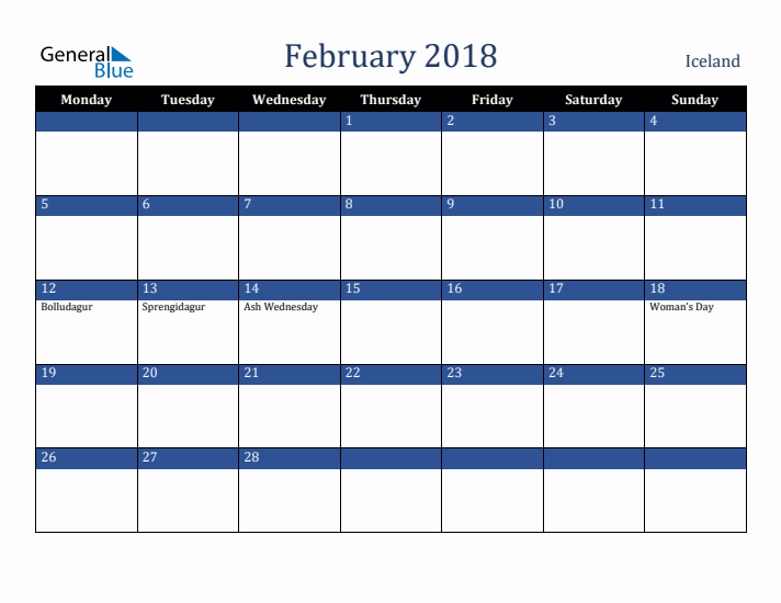 February 2018 Iceland Calendar (Monday Start)