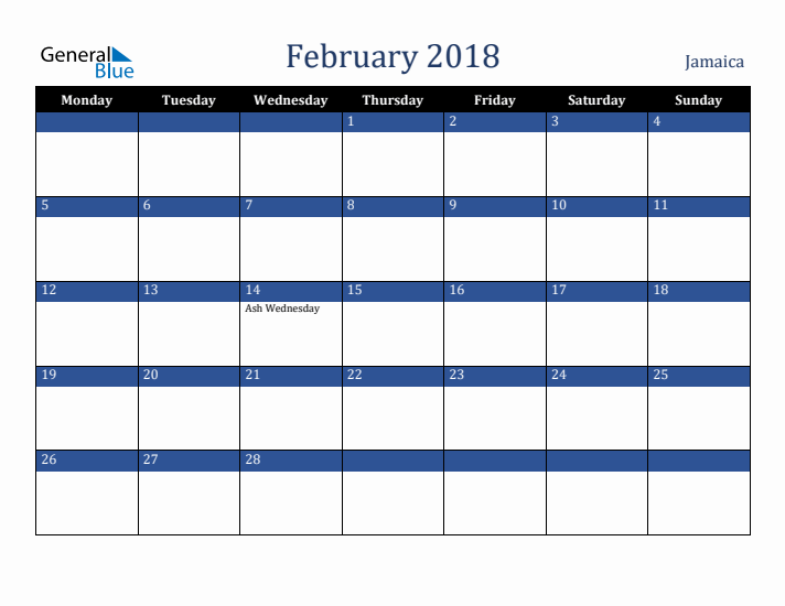 February 2018 Jamaica Calendar (Monday Start)