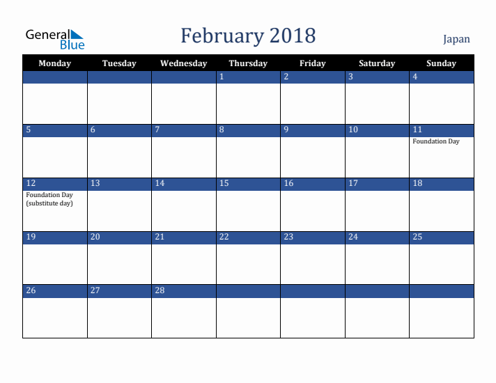 February 2018 Japan Calendar (Monday Start)
