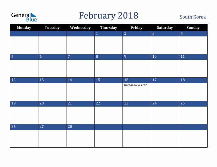 February 2018 South Korea Calendar (Monday Start)