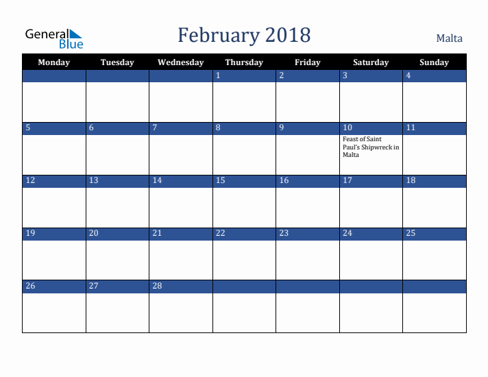 February 2018 Malta Calendar (Monday Start)