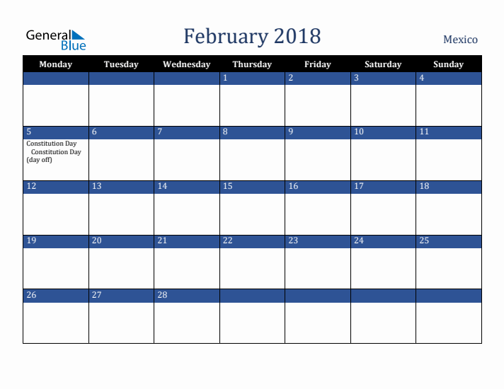 February 2018 Mexico Calendar (Monday Start)