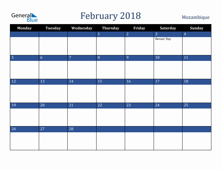 February 2018 Mozambique Calendar (Monday Start)