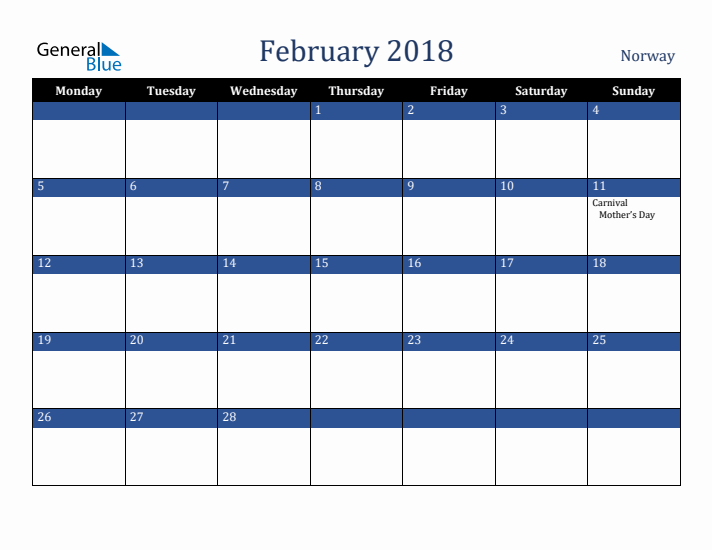 February 2018 Norway Calendar (Monday Start)