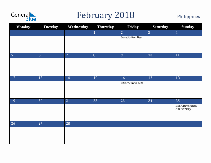 February 2018 Philippines Calendar (Monday Start)