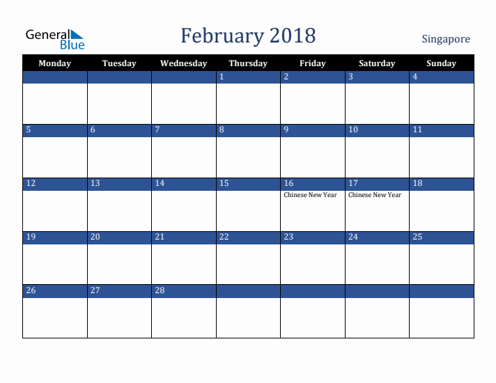 February 2018 Singapore Calendar (Monday Start)