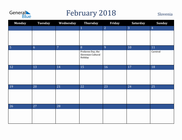 February 2018 Slovenia Calendar (Monday Start)