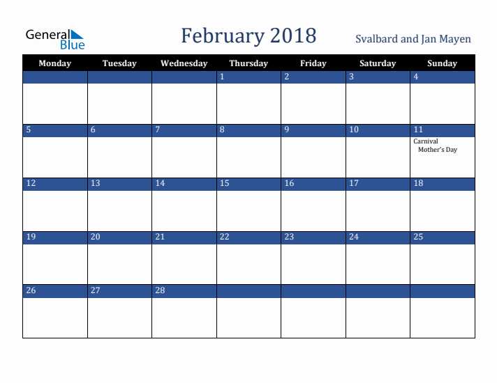 February 2018 Svalbard and Jan Mayen Calendar (Monday Start)