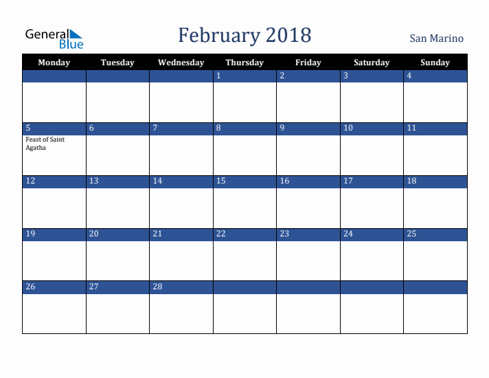 February 2018 San Marino Calendar (Monday Start)