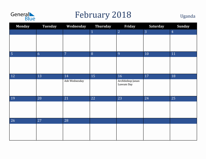 February 2018 Uganda Calendar (Monday Start)