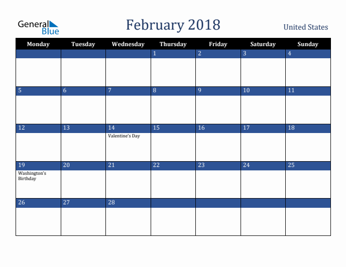 February 2018 United States Calendar (Monday Start)