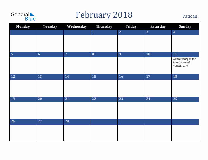 February 2018 Vatican Calendar (Monday Start)