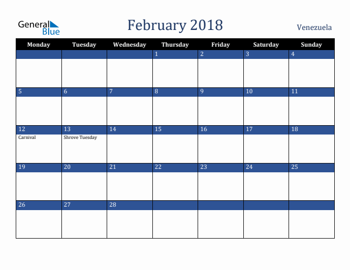 February 2018 Venezuela Calendar (Monday Start)