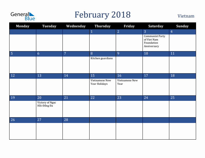 February 2018 Vietnam Calendar (Monday Start)
