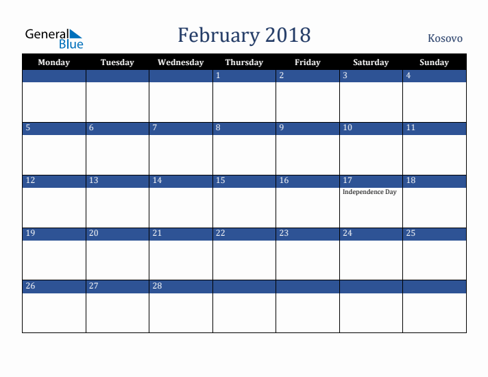 February 2018 Kosovo Calendar (Monday Start)