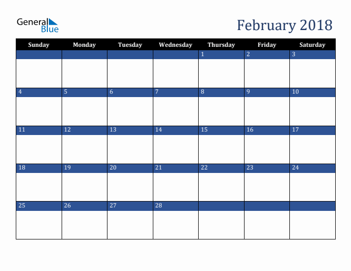 Sunday Start Calendar for February 2018