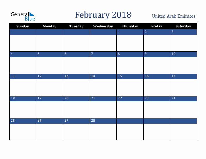 February 2018 United Arab Emirates Calendar (Sunday Start)