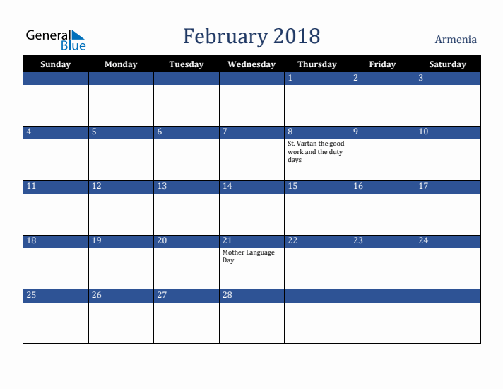 February 2018 Armenia Calendar (Sunday Start)