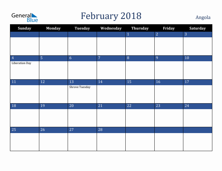 February 2018 Angola Calendar (Sunday Start)