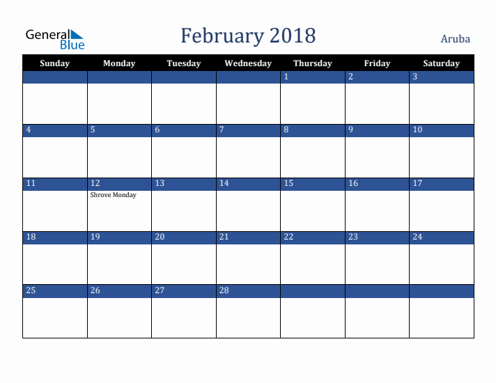 February 2018 Aruba Calendar (Sunday Start)