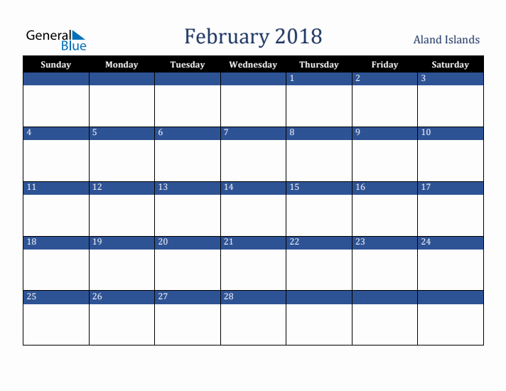 February 2018 Aland Islands Calendar (Sunday Start)