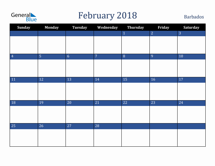 February 2018 Barbados Calendar (Sunday Start)