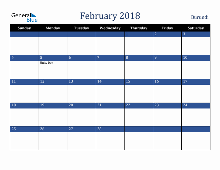 February 2018 Burundi Calendar (Sunday Start)