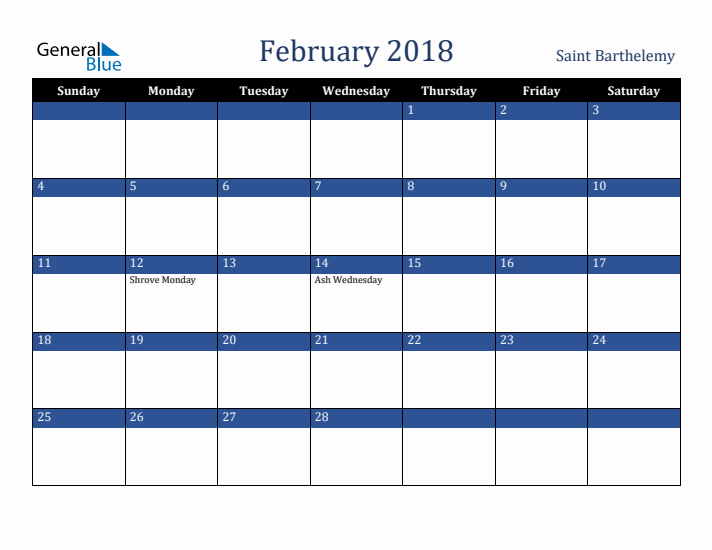 February 2018 Saint Barthelemy Calendar (Sunday Start)
