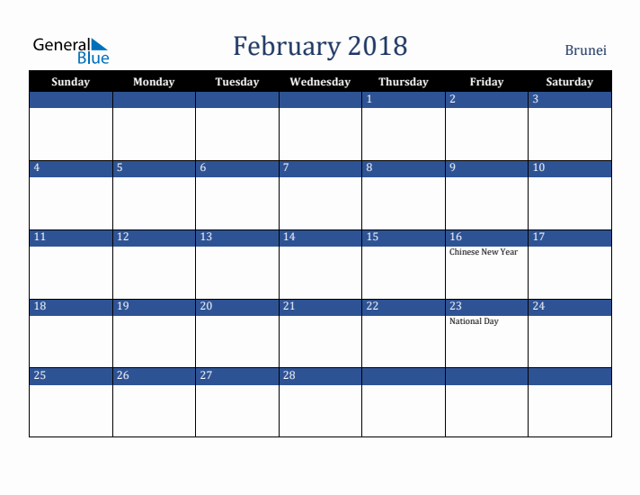 February 2018 Brunei Calendar (Sunday Start)