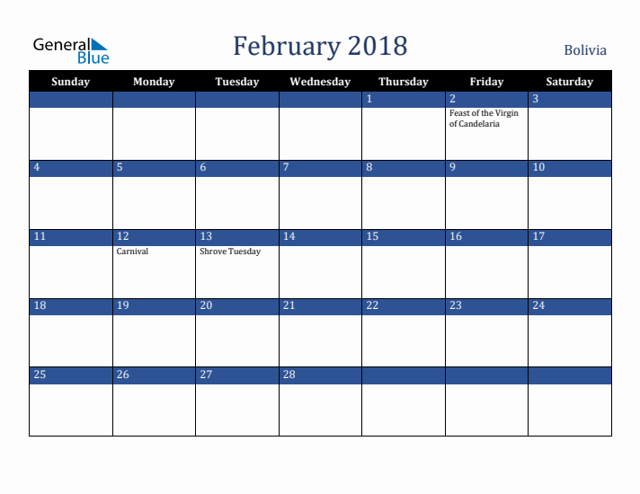 February 2018 Bolivia Calendar (Sunday Start)