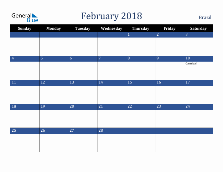 February 2018 Brazil Calendar (Sunday Start)