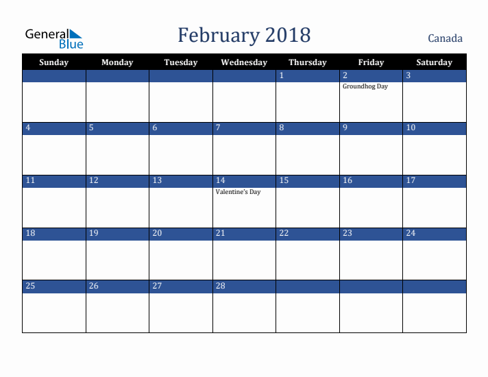 February 2018 Canada Calendar (Sunday Start)