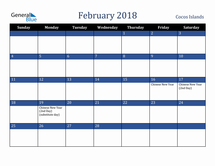 February 2018 Cocos Islands Calendar (Sunday Start)